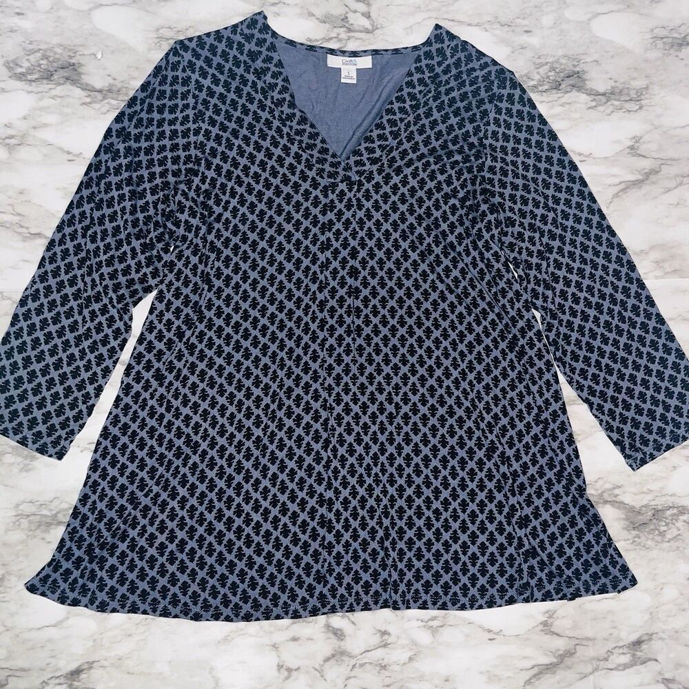 Croft & Barrow 3/4 Sleeve Tunic Oversized Leaf Print Grey Women S Boho Preppy